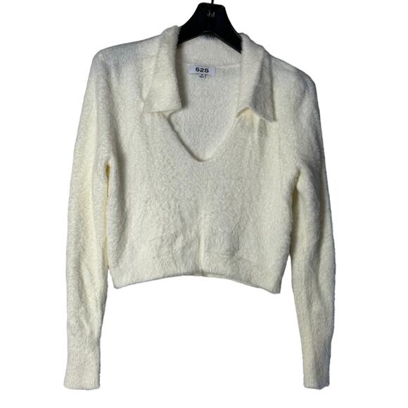 525 Eyelash Soft White Fuzzy Cropped Sweater Holiday Winter Knit Designer - Picture 5 of 16